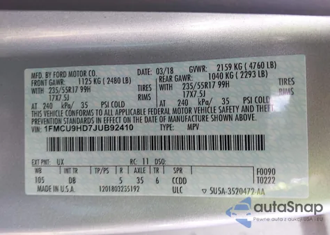 2018 Ford Escape Sel z USA, uszkodzony, nr VIN 1FMCU9HD7JUB92410